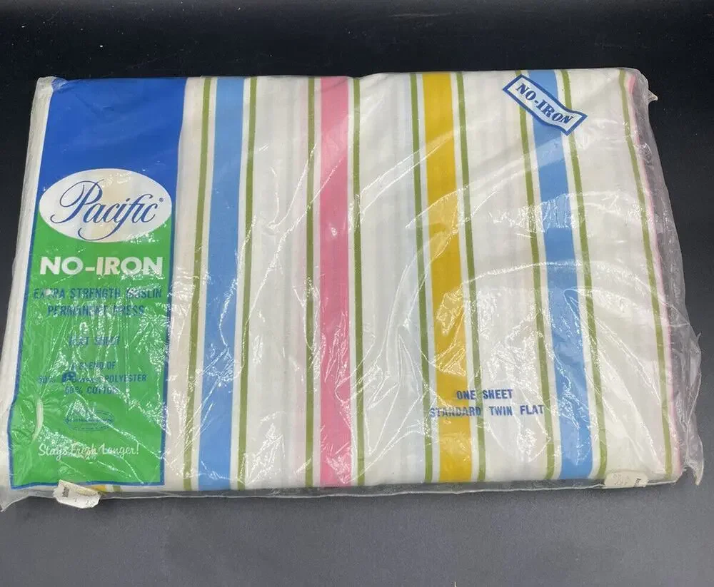 VTG Pacific Muslin Twin Flat Sheet Stripe Pink Yellow Blue